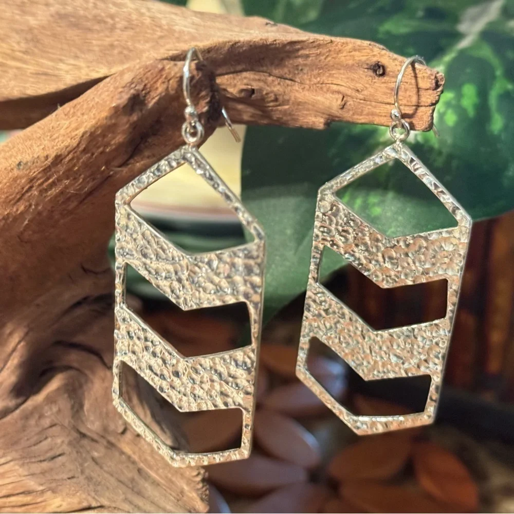 Silver Geometric Chevron Drop Earrings
